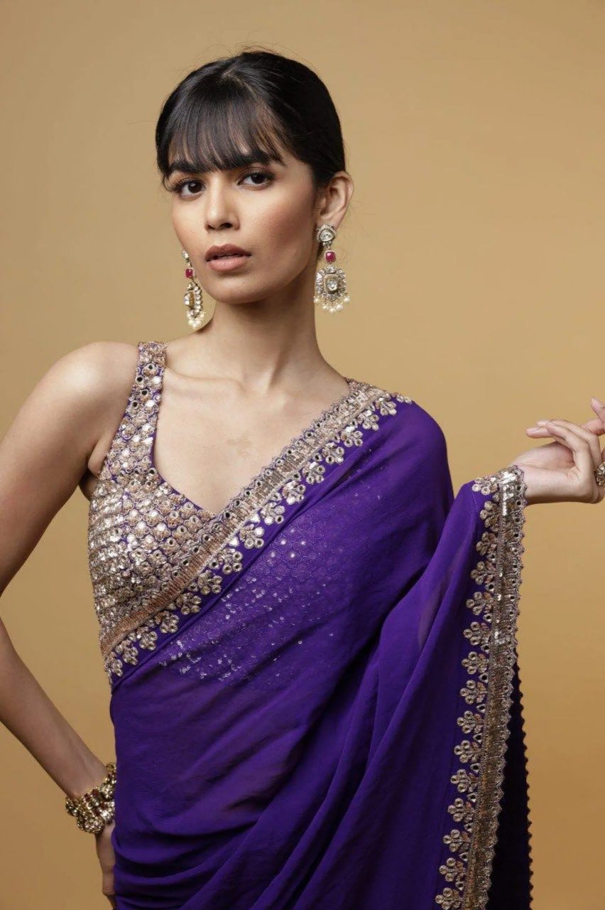 Matching blouse piece of purple faux georgette saree with gold embroidery – party wear saree set