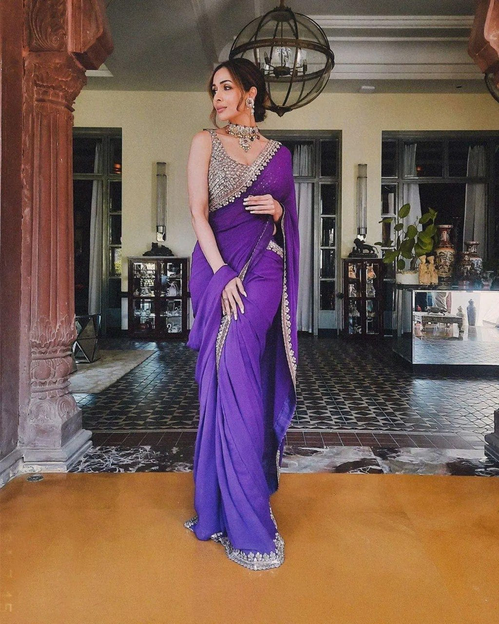 Purple faux georgette saree with gold thread embroidery – designer party wear saree 2025