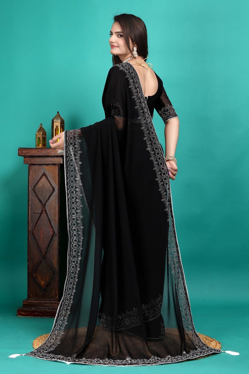 Folded black georgette saree – soft lightweight party wear ethnic saree for women