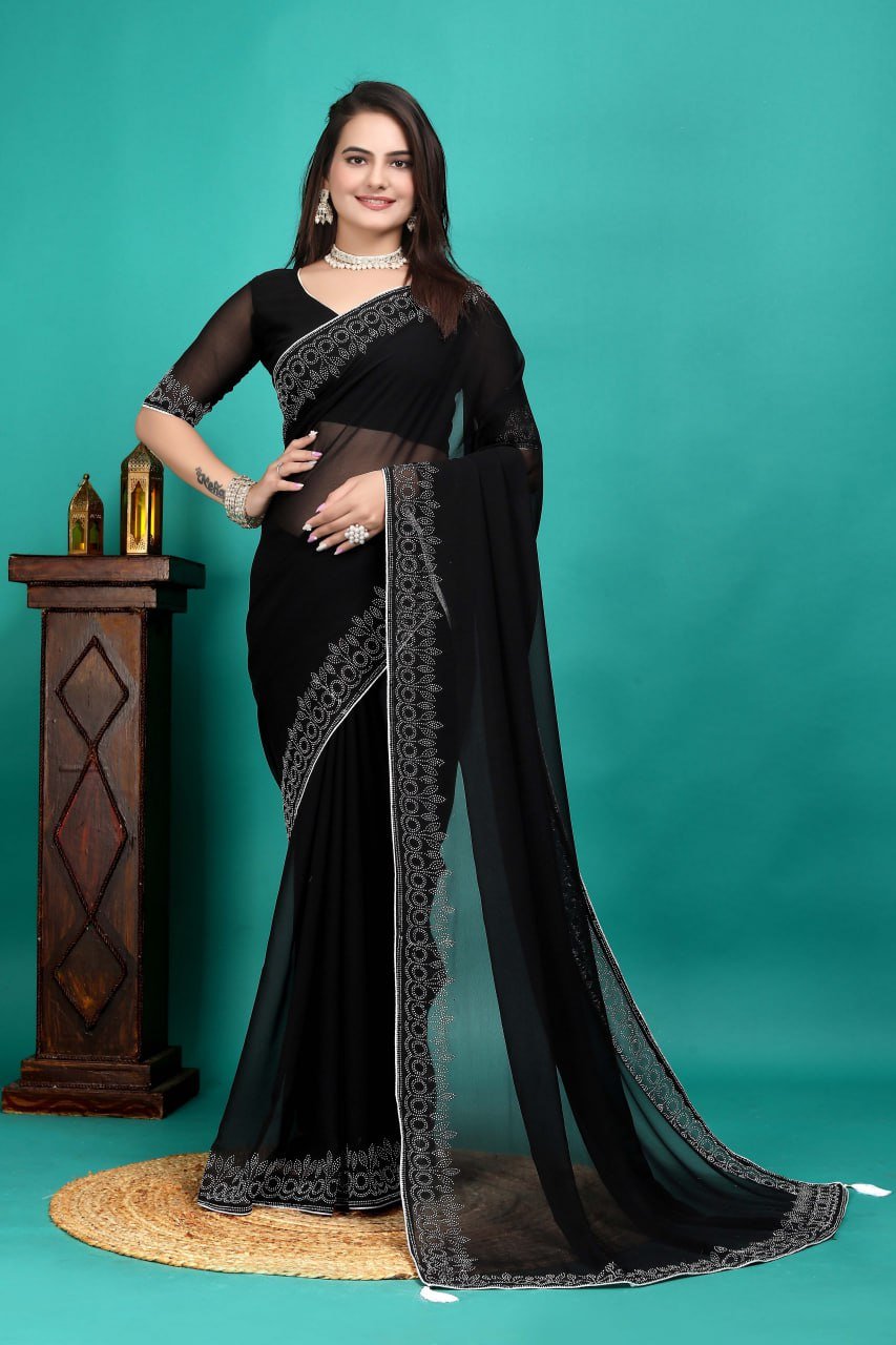 Black georgette saree for women – designer party wear saree with blouse