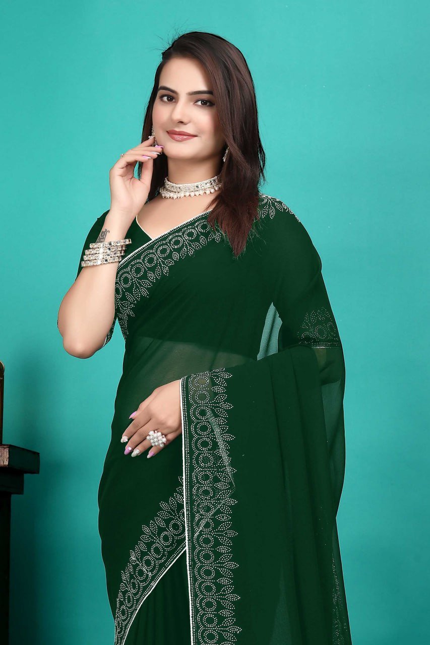 Matching blouse piece of dark green georgette saree – elegant designer party wear set