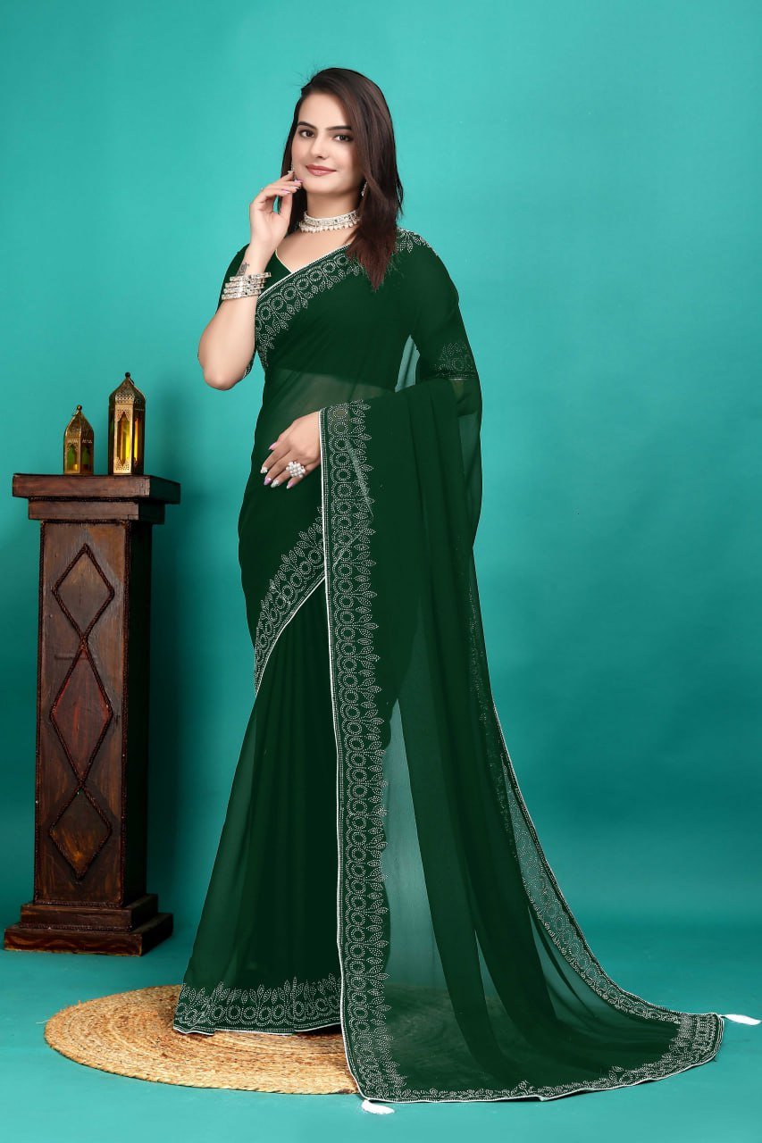 Dark green georgette saree for women – designer party wear saree with blouse