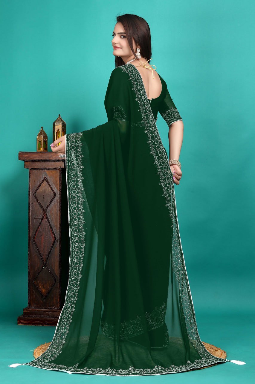 Matching blouse piece of dark green georgette saree – elegant designer party wear set