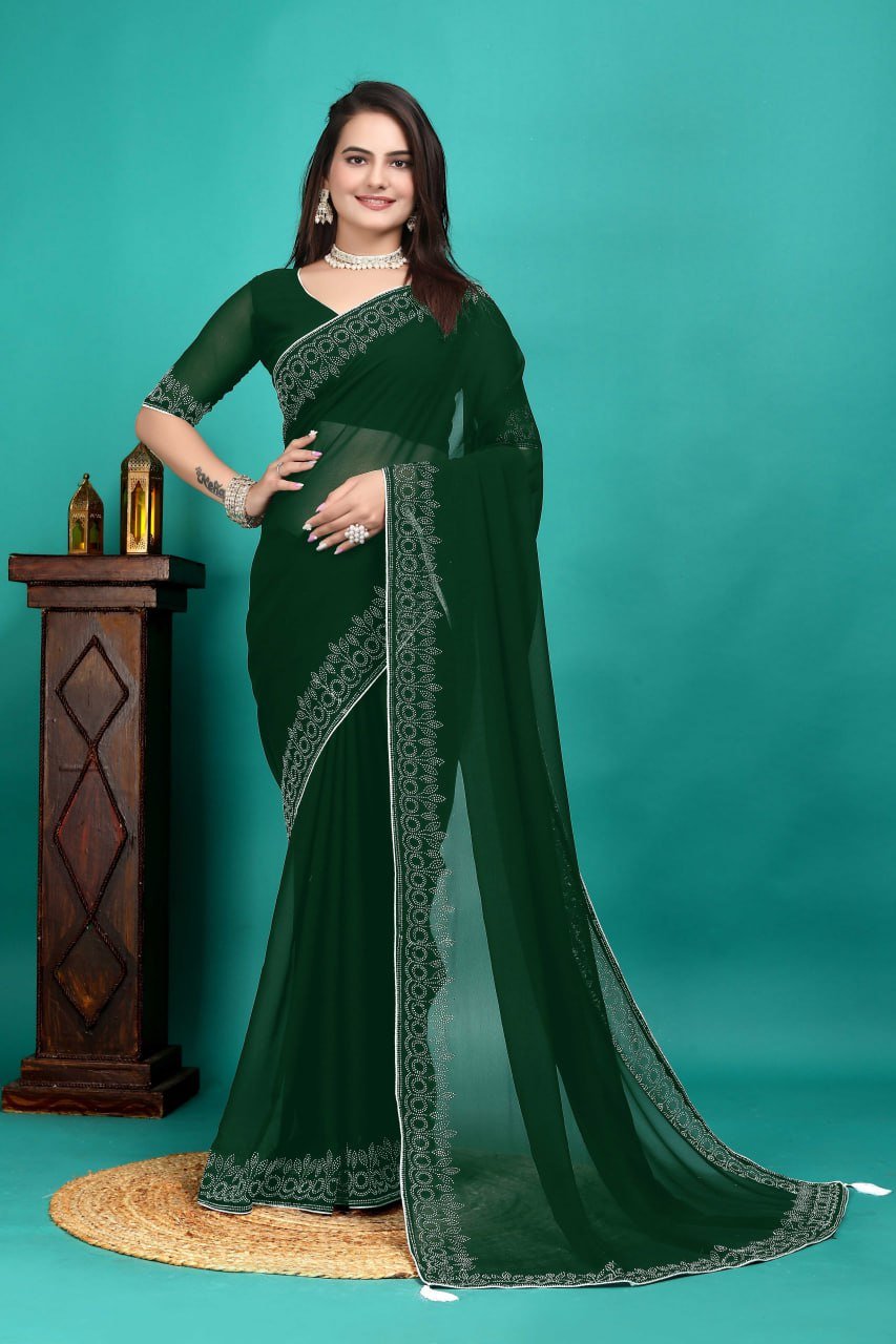 Woman wearing dark green georgette saree – elegant designer party and festive wear saree