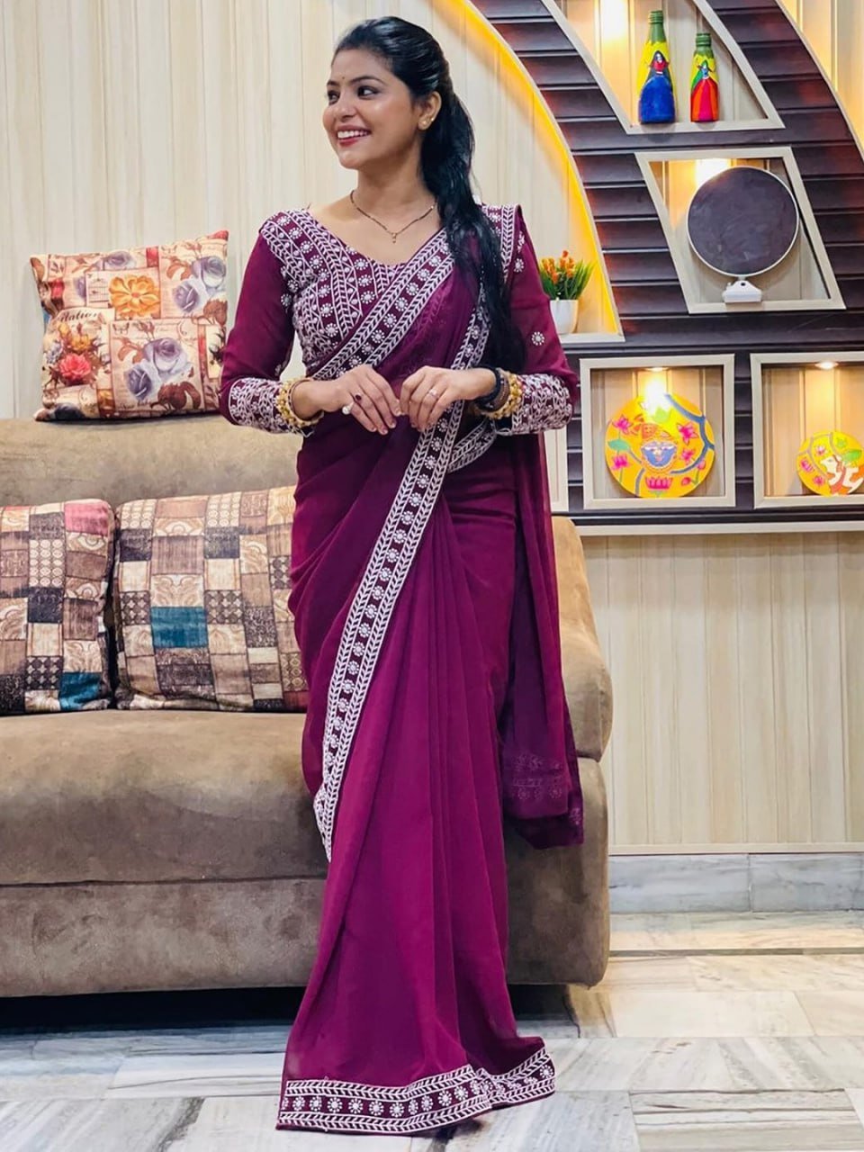 Dark Purple And White Border Georgette Saree