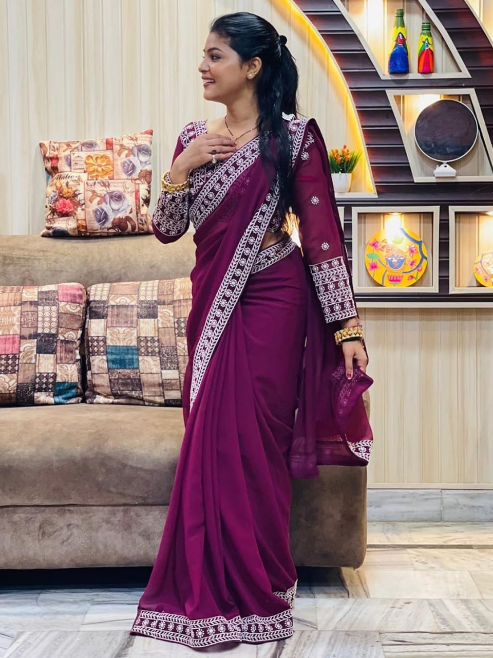 Dark Purple And White Border Georgette Saree