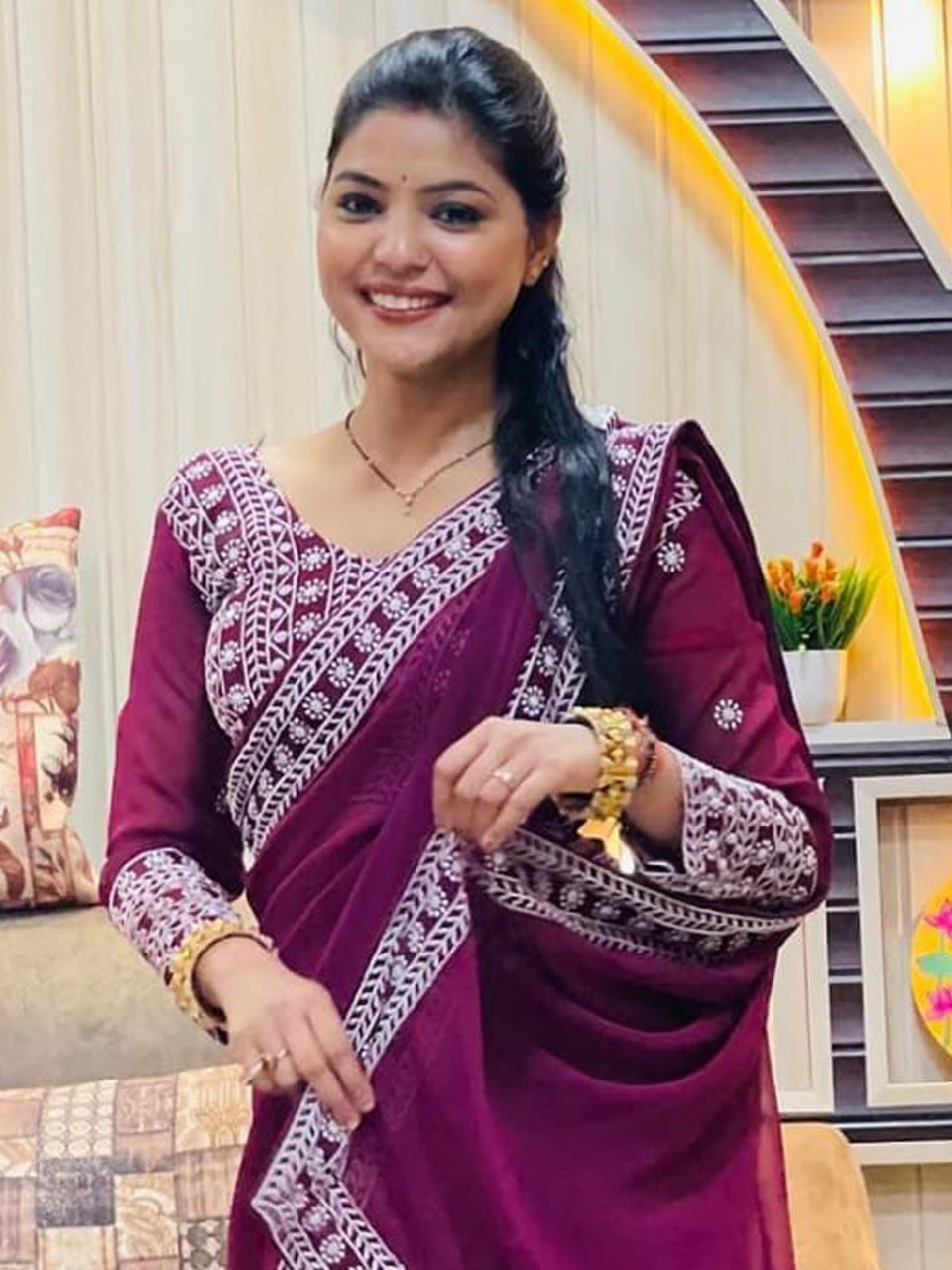 Dark Purple And White Border Georgette Saree