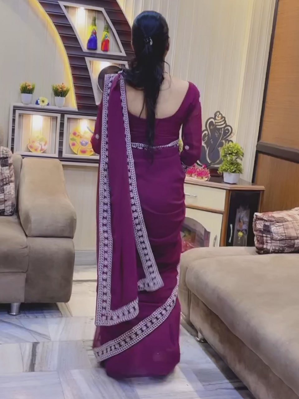 Dark Purple And White Border Georgette Saree
