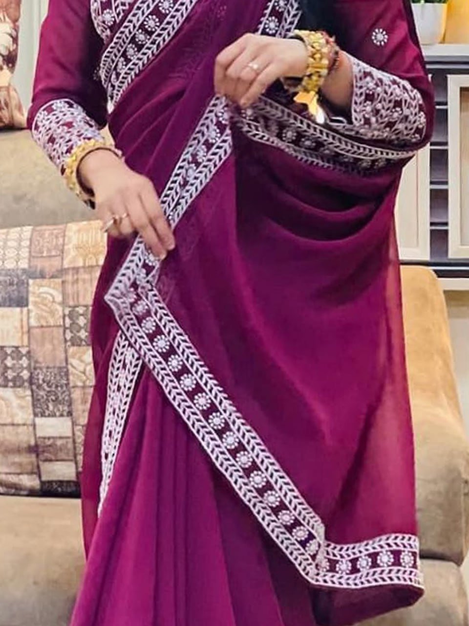 Dark Purple And White Border Georgette Saree