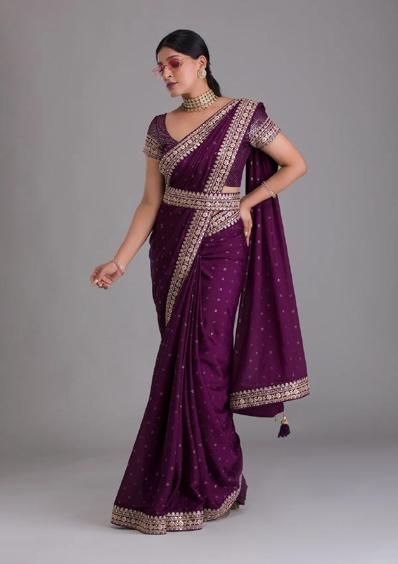 Dark purple heavy work saree with belt and sequins embroidery – designer party wear saree 2025