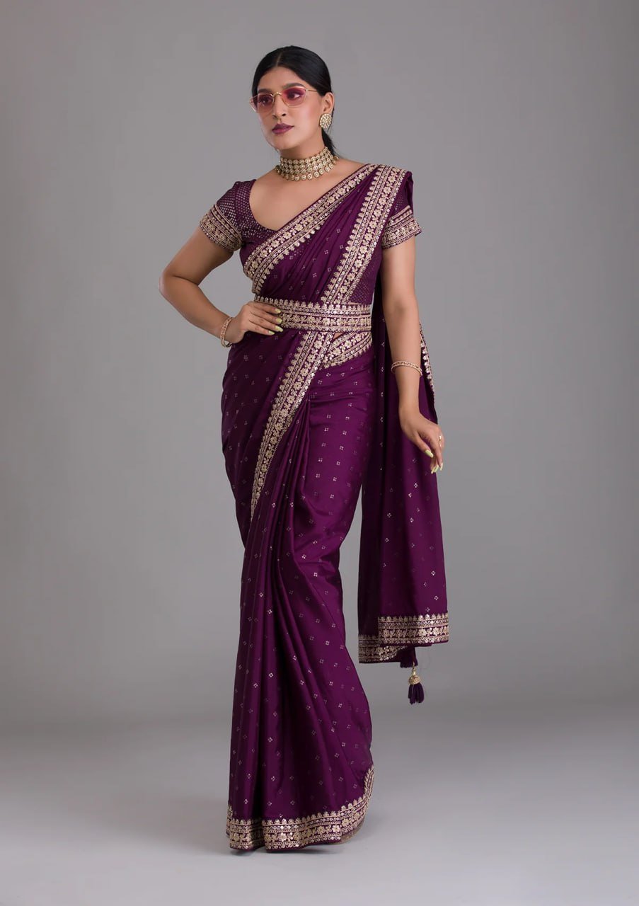 Dark purple heavy work saree with belt and sequins embroidery – designer party wear saree 2025