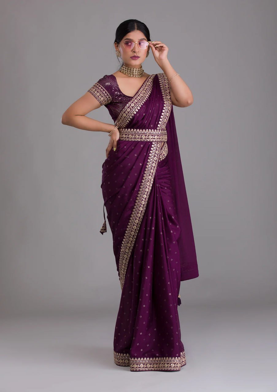 Dark purple heavy work saree with belt and sequins embroidery – designer party wear saree 2025