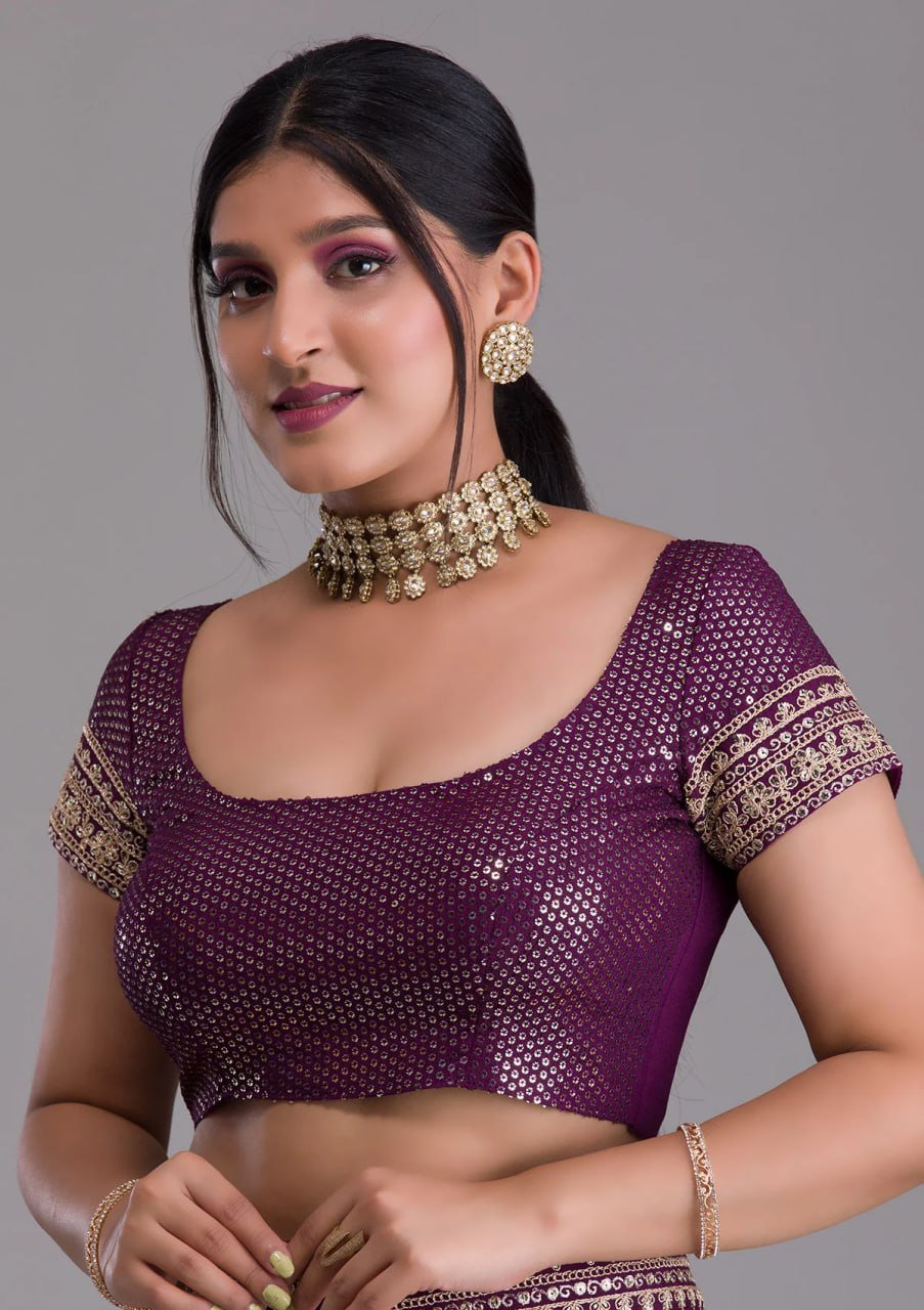Matching blouse piece of dark purple saree with sequins and zari embroidery – designer party wear blouse