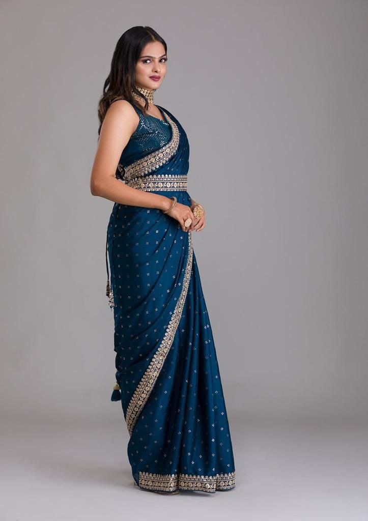 Bride wearing elegant vichitra silk wedding saree with heavy embroidered mono blouse – wedding outfit