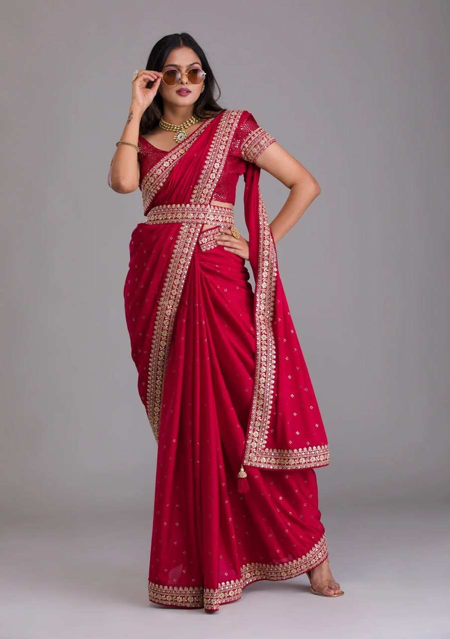 Red heavy work designer saree with sequins embroidery and waist belt – bridal party wear saree 2025