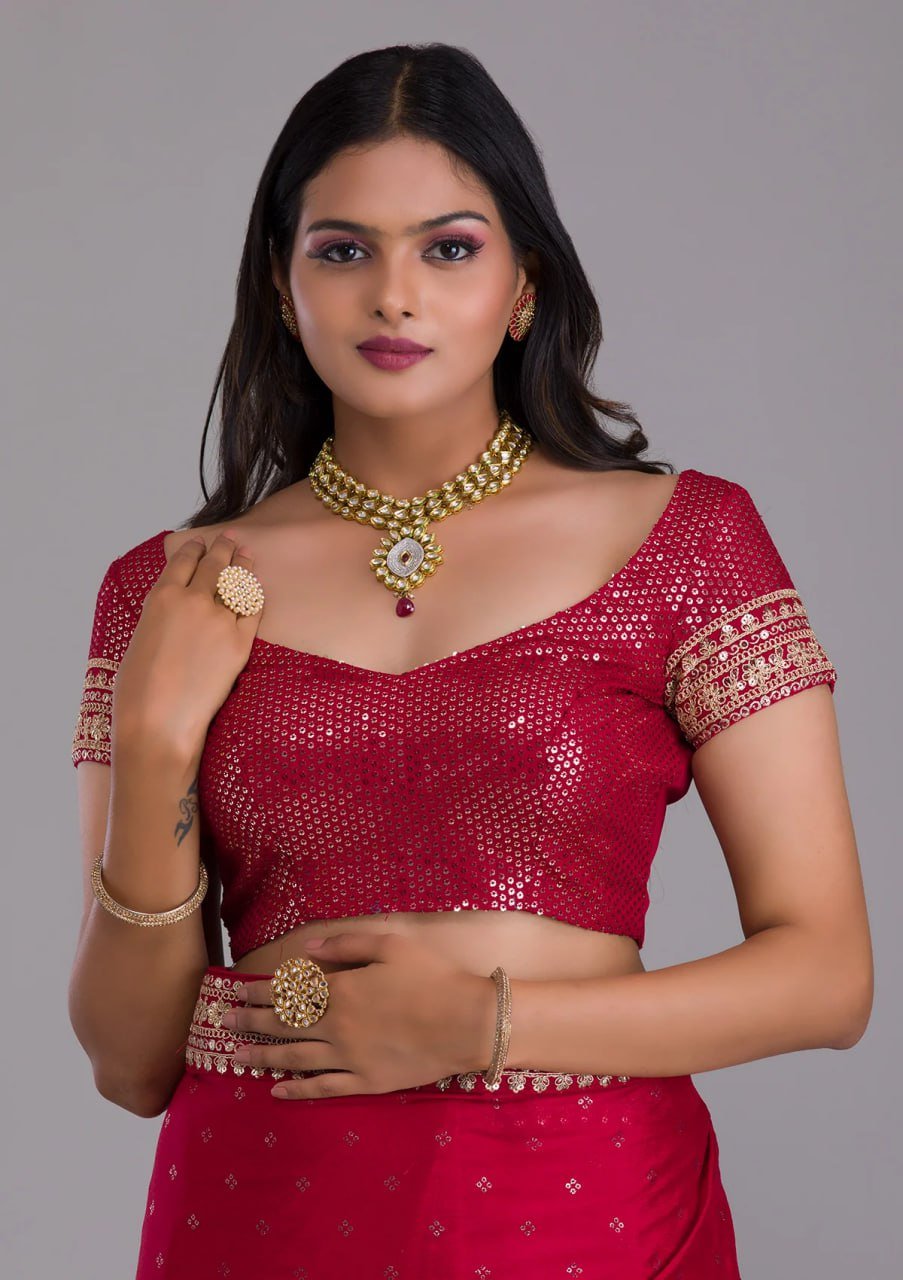 Matching blouse piece of red designer saree with heavy sequin embroidery – bridal wear set