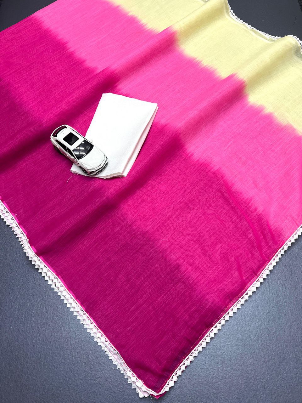 Pink Plain Linen With Fancy Lace Border Digital Printed Saree