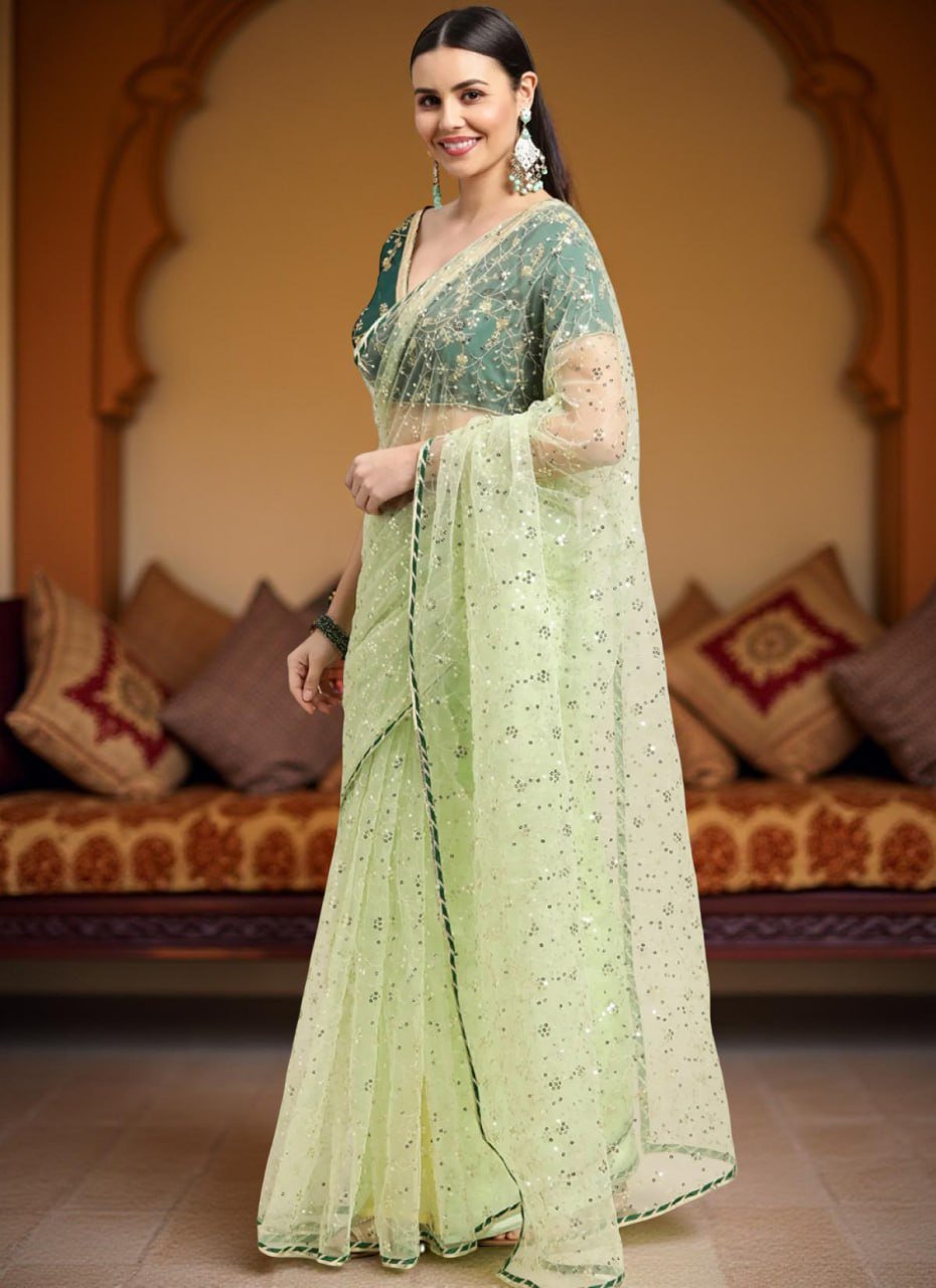 Pista net embroidery work saree with zari and sequin detailing – designer party wear saree 2025