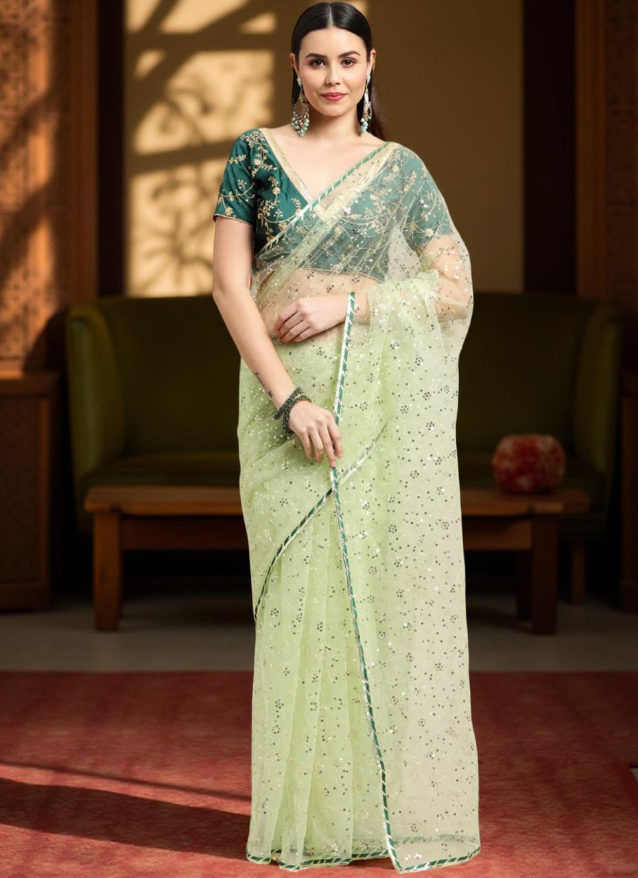 Woman wearing pista net embroidery saree – elegant party and wedding wear saree for women