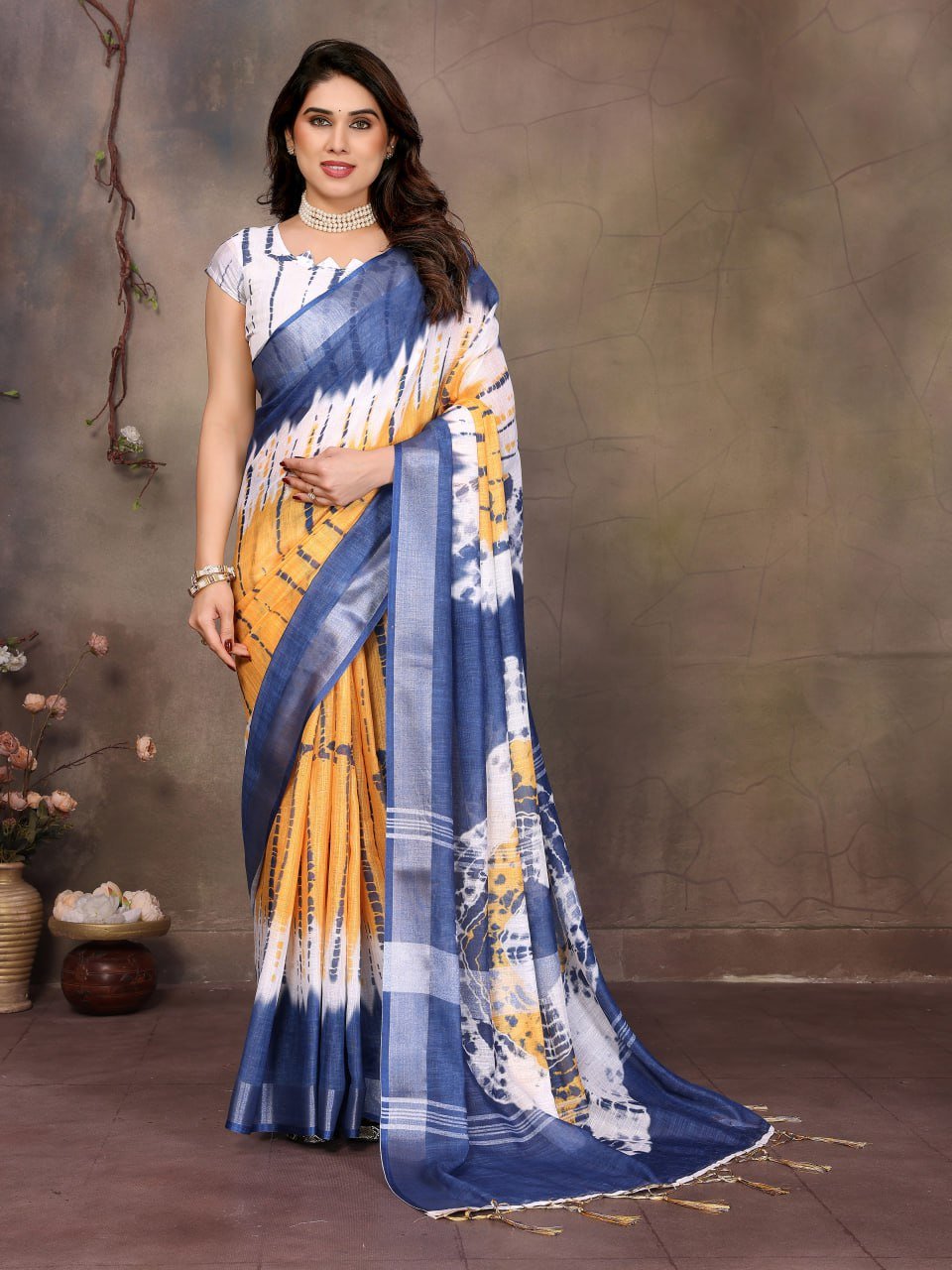 Blue And Yellow Printed Cotton Linen Saree