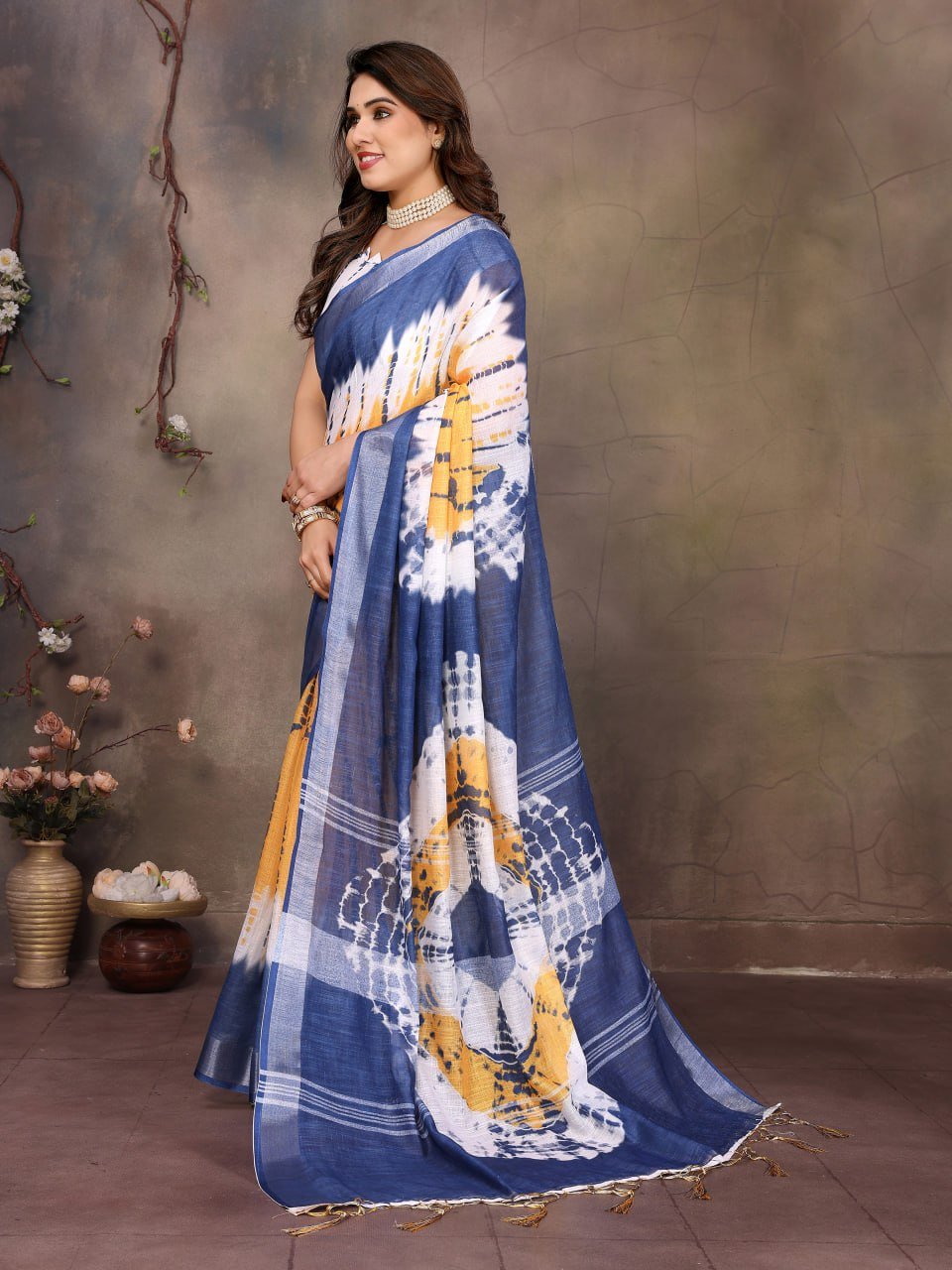 Blue And Yellow Printed Cotton Linen Saree