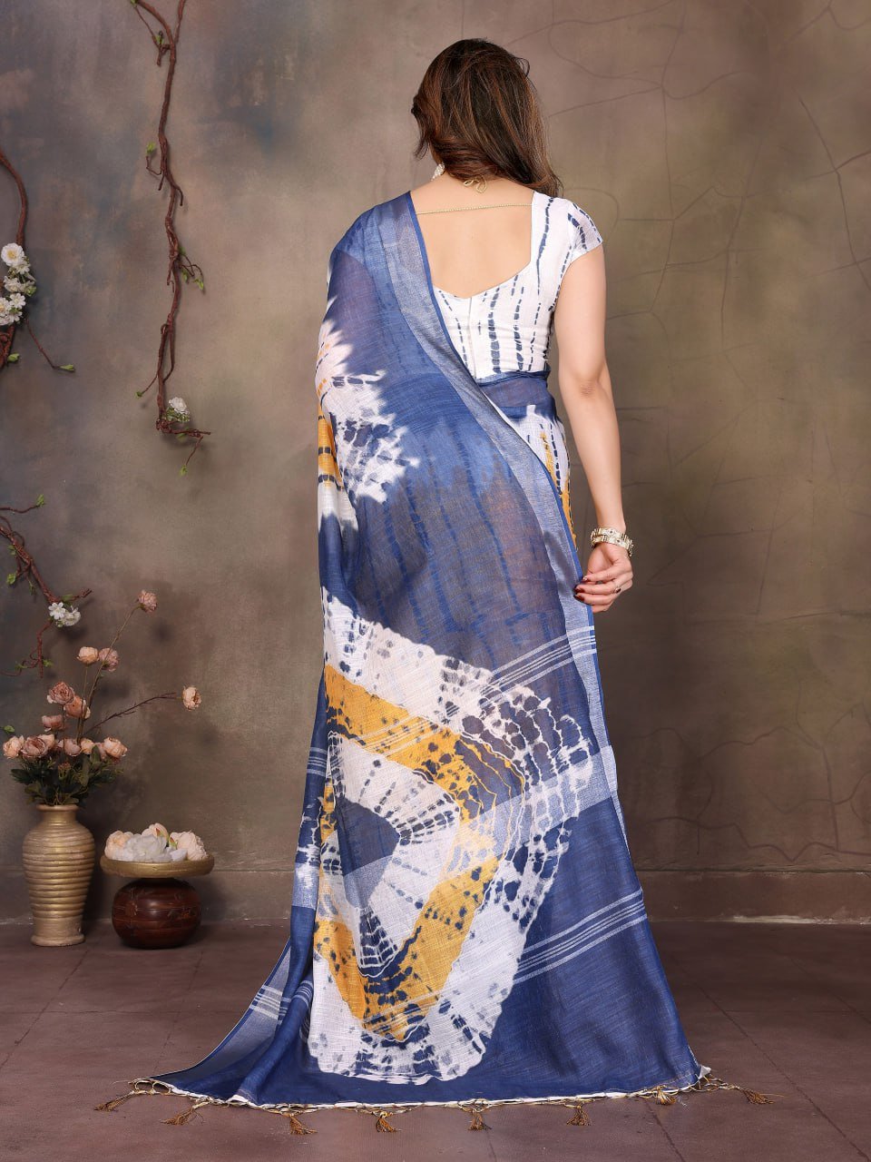 Blue And Yellow Printed Cotton Linen Saree