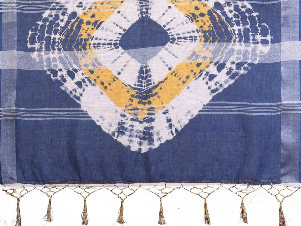Blue And Yellow Printed Cotton Linen Saree