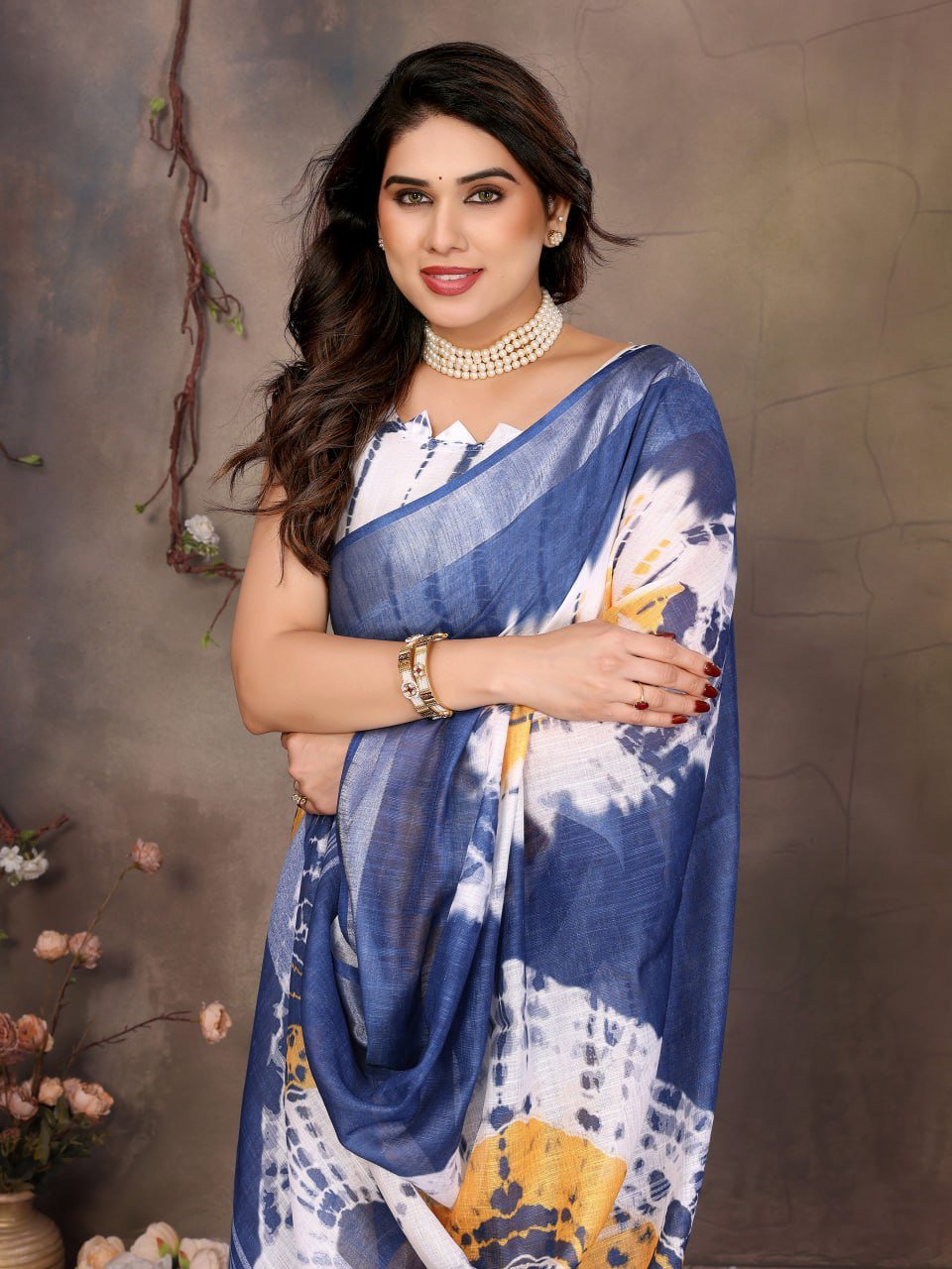 Blue And Yellow Printed Cotton Linen Saree