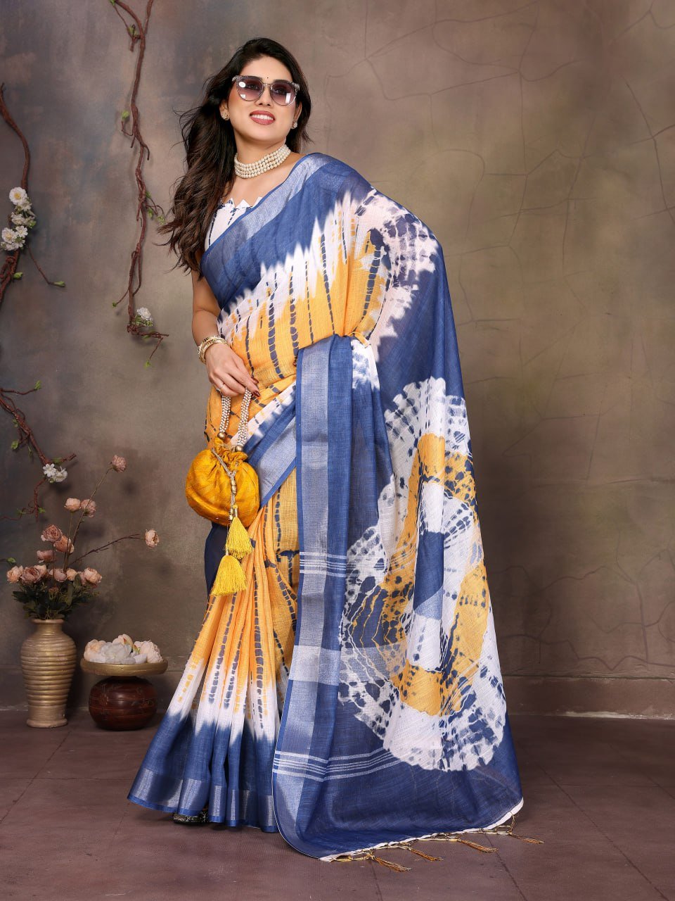 Blue And Yellow Printed Cotton Linen Saree