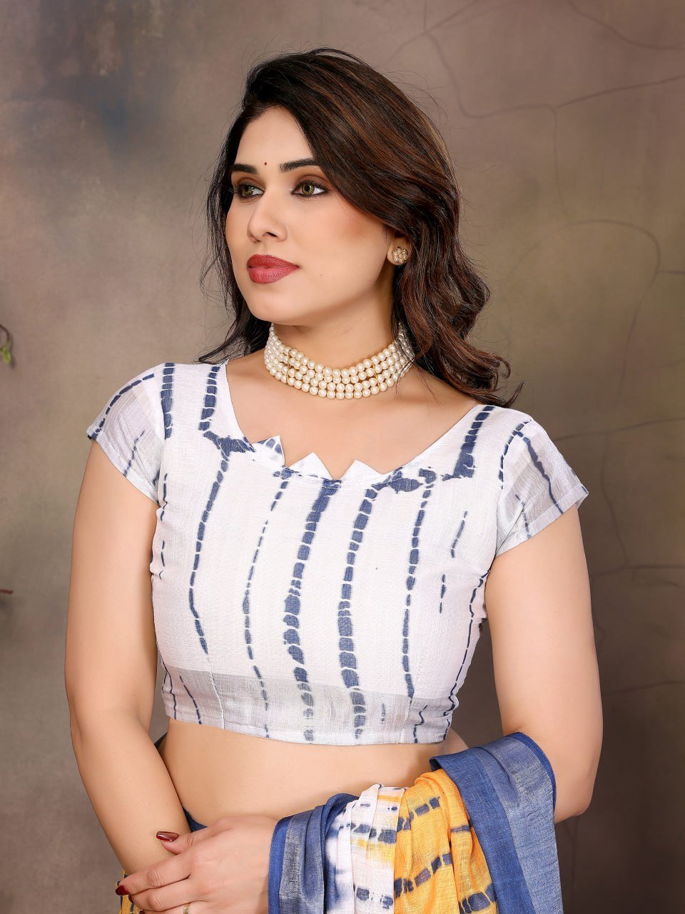 Blue And Yellow Printed Cotton Linen Saree