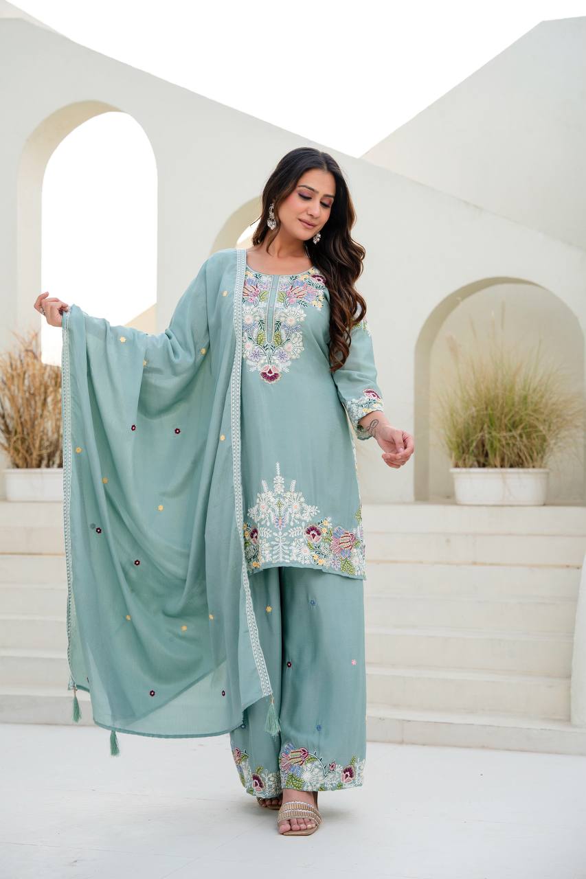 Sea Green Chinon Embroidery Work With Zardosi Hand Work Kurti Set