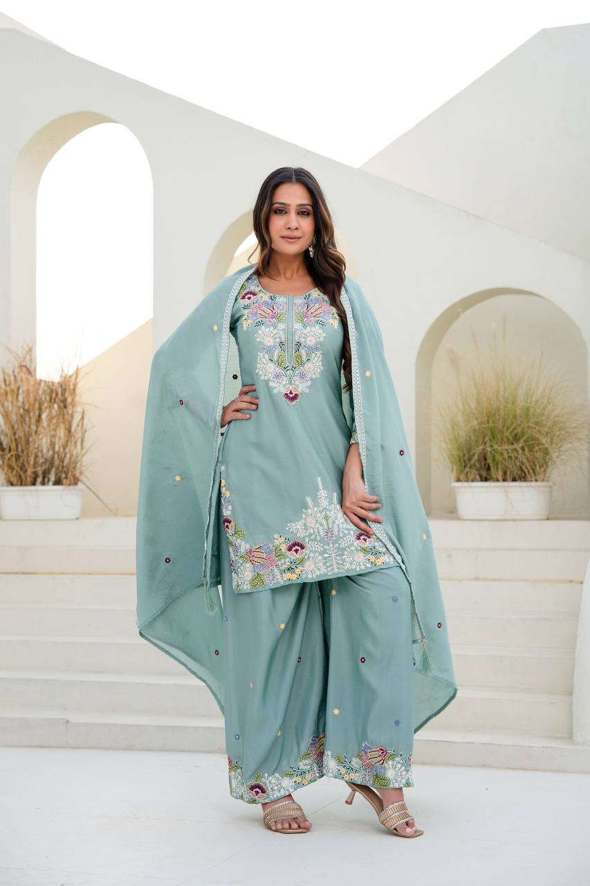 Sea Green Chinon Embroidery Work With Zardosi Hand Work Kurti Set