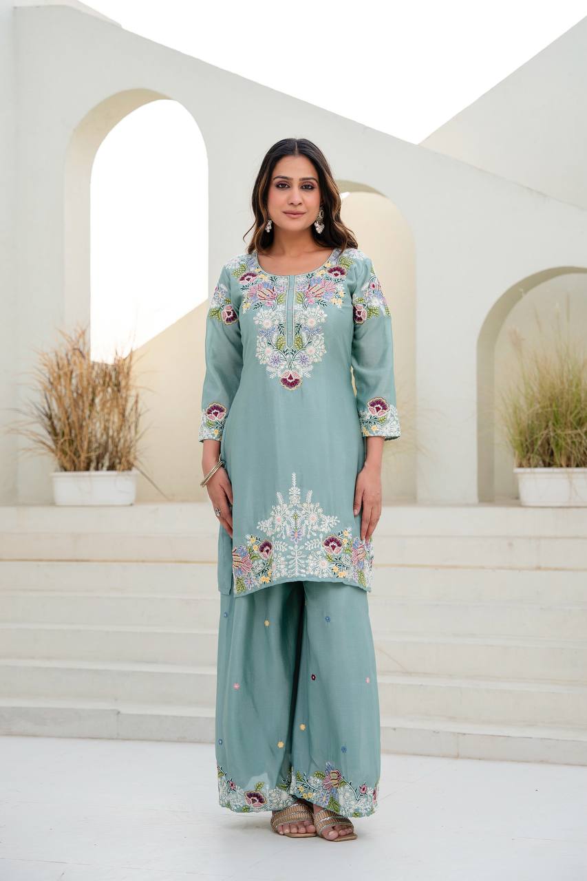 Sea Green Chinon Embroidery Work With Zardosi Hand Work Kurti Set