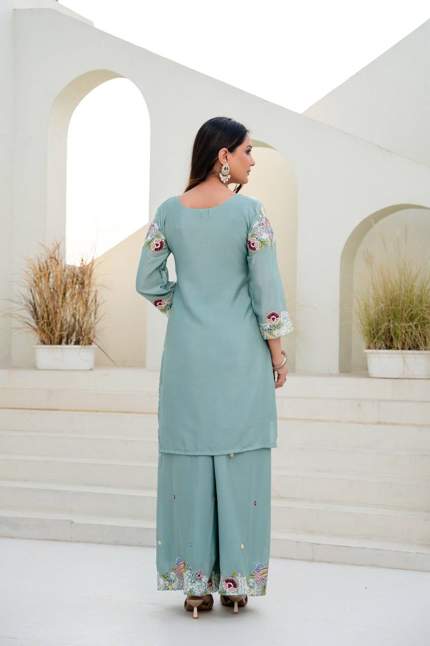 Sea Green Chinon Embroidery Work With Zardosi Hand Work Kurti Set