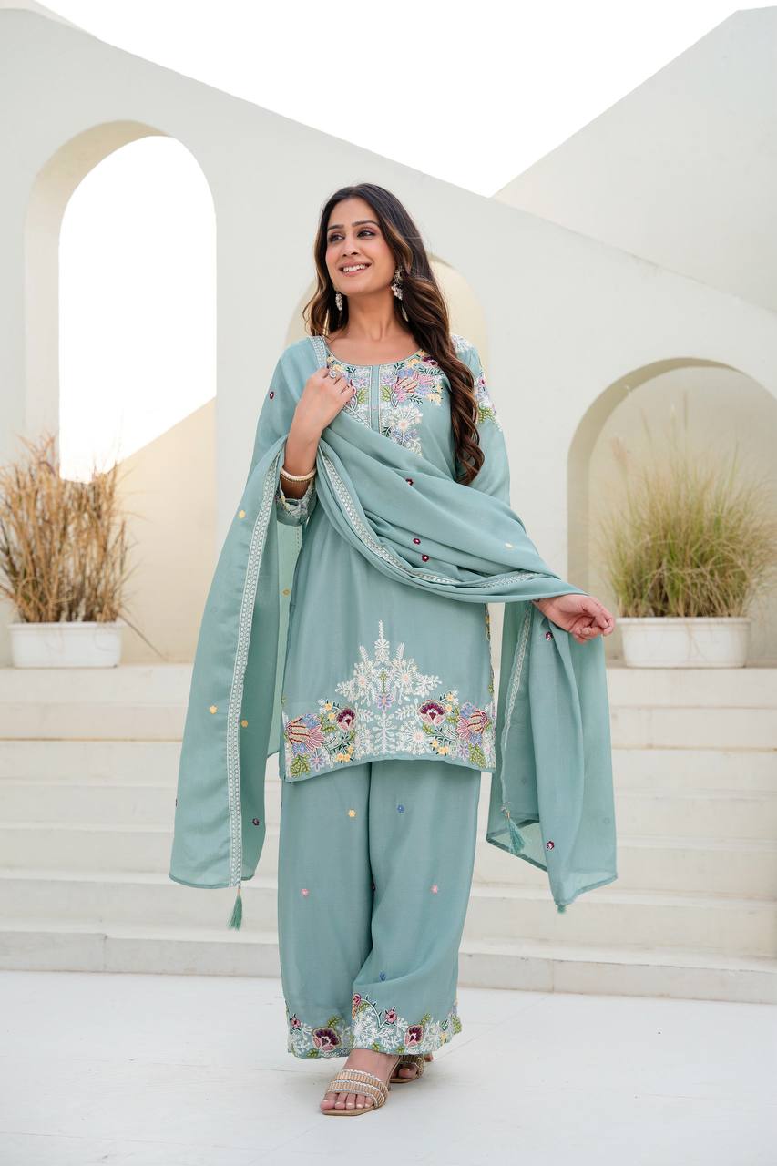 Sea Green Chinon Embroidery Work With Zardosi Hand Work Kurti Set