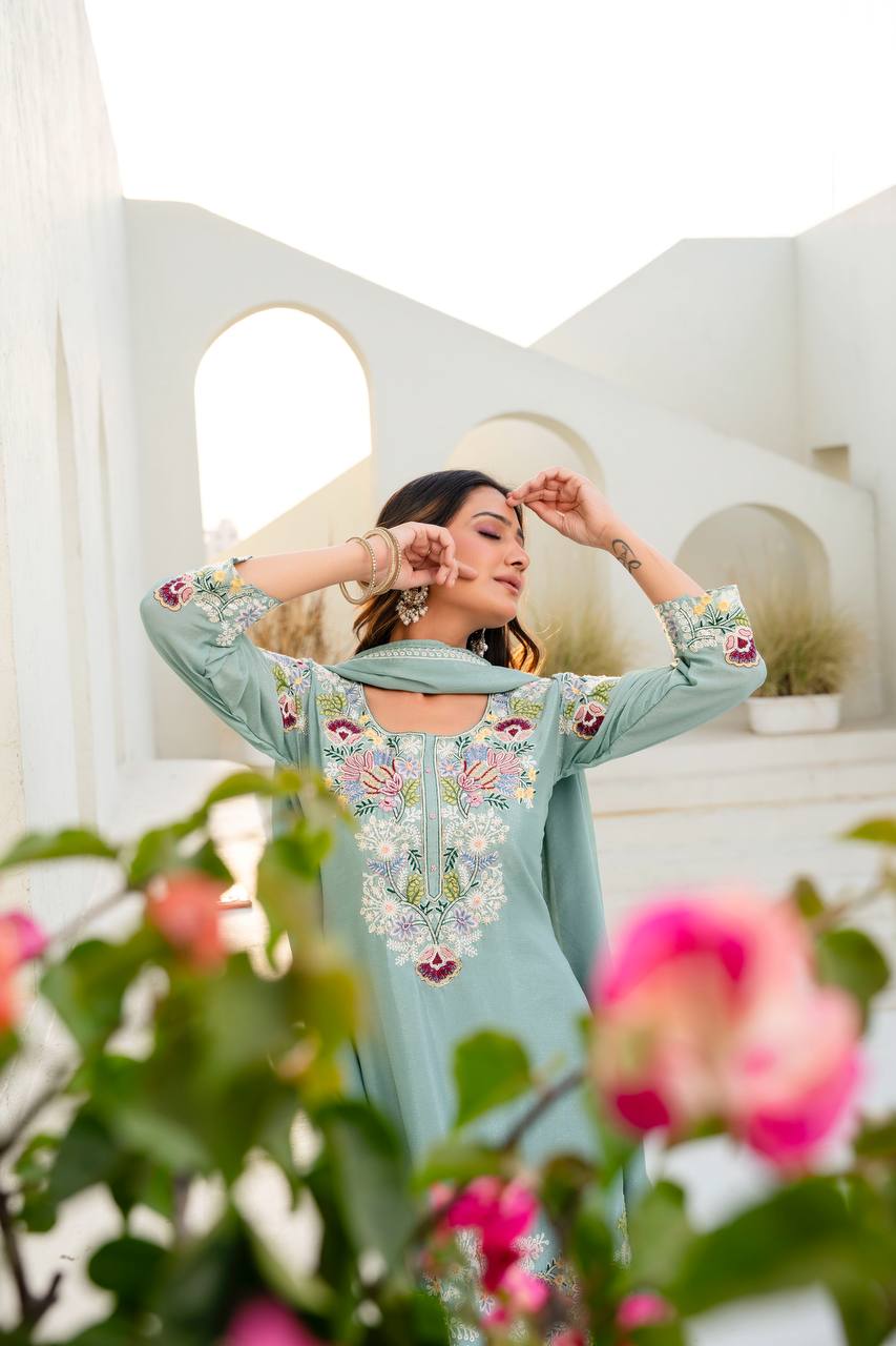 Sea Green Chinon Embroidery Work With Zardosi Hand Work Kurti Set