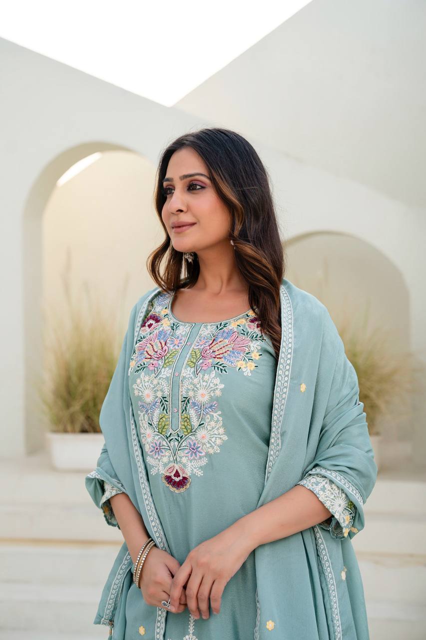 Sea Green Chinon Embroidery Work With Zardosi Hand Work Kurti Set