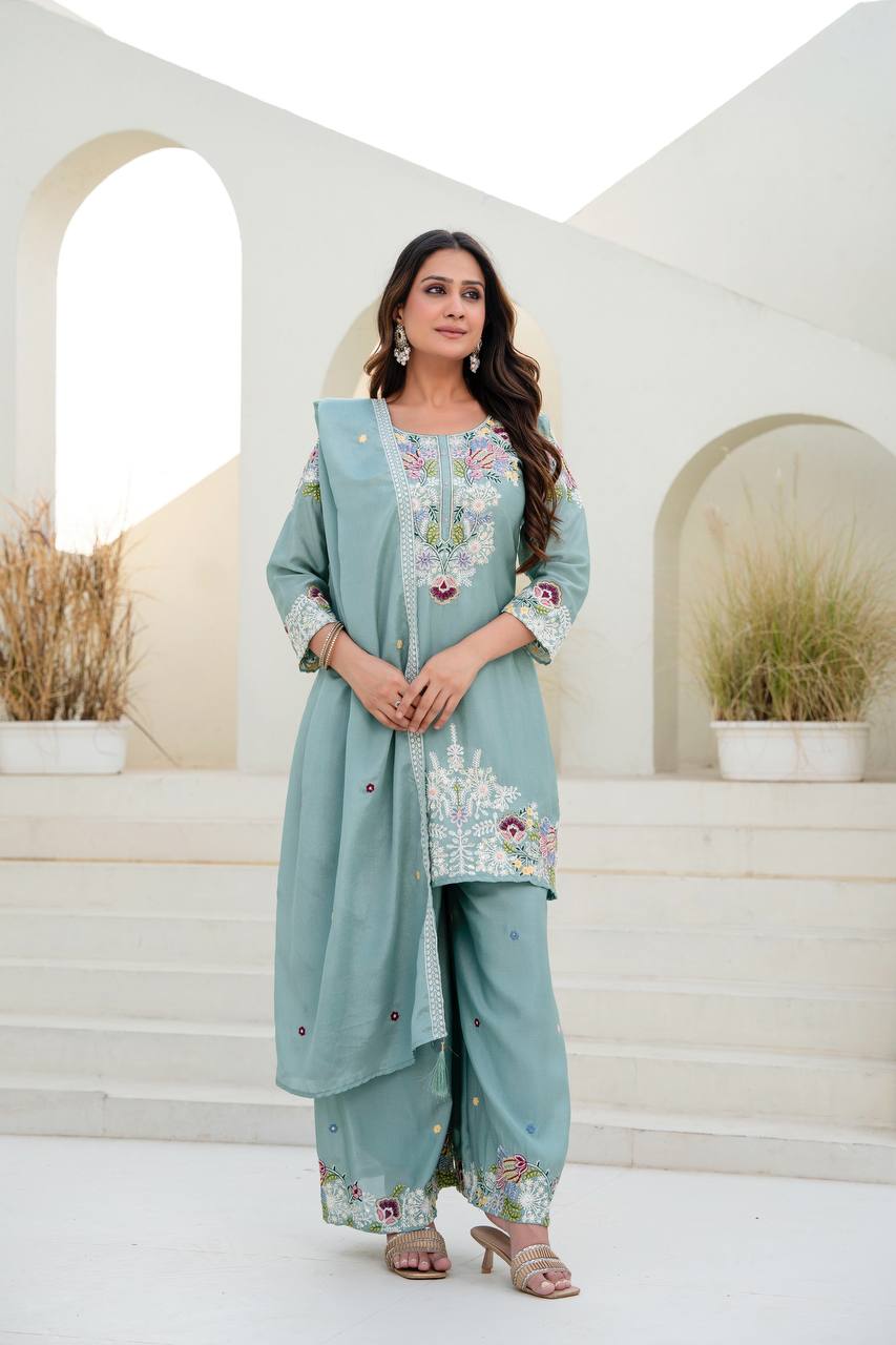 Sea Green Chinon Embroidery Work With Zardosi Hand Work Kurti Set