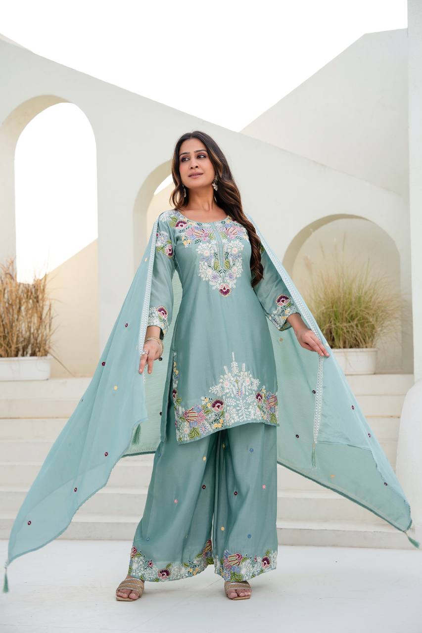 Sea Green Chinon Embroidery Work With Zardosi Hand Work Kurti Set