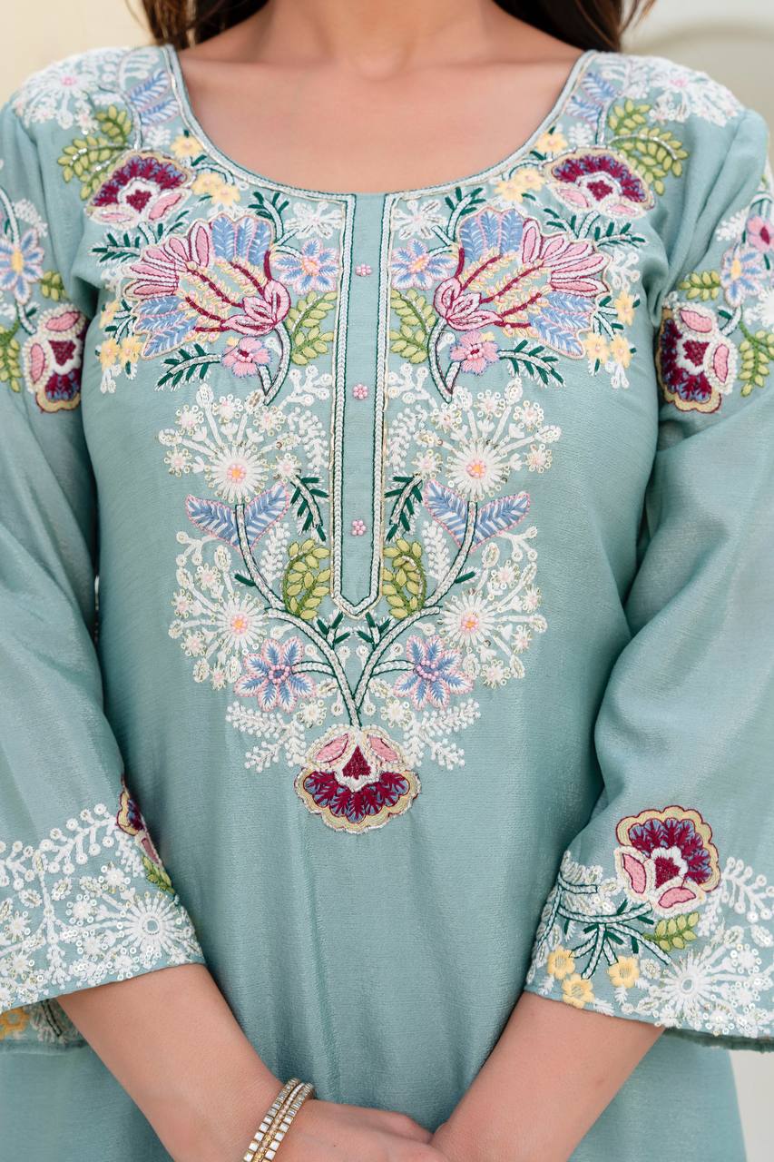 Sea Green Chinon Embroidery Work With Zardosi Hand Work Kurti Set
