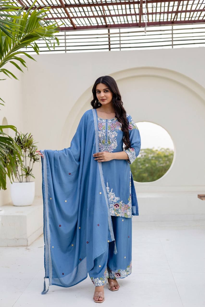 Sky Blue Chinon Embroidery Work With Zardosi Hand Work Kurti Set