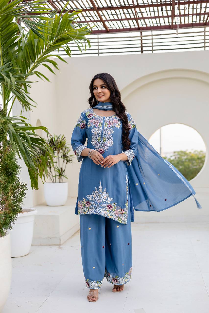 Sky Blue Chinon Embroidery Work With Zardosi Hand Work Kurti Set