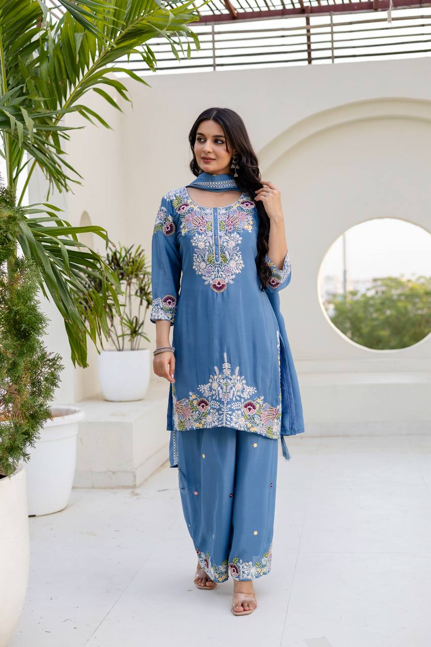 Sky Blue Chinon Embroidery Work With Zardosi Hand Work Kurti Set