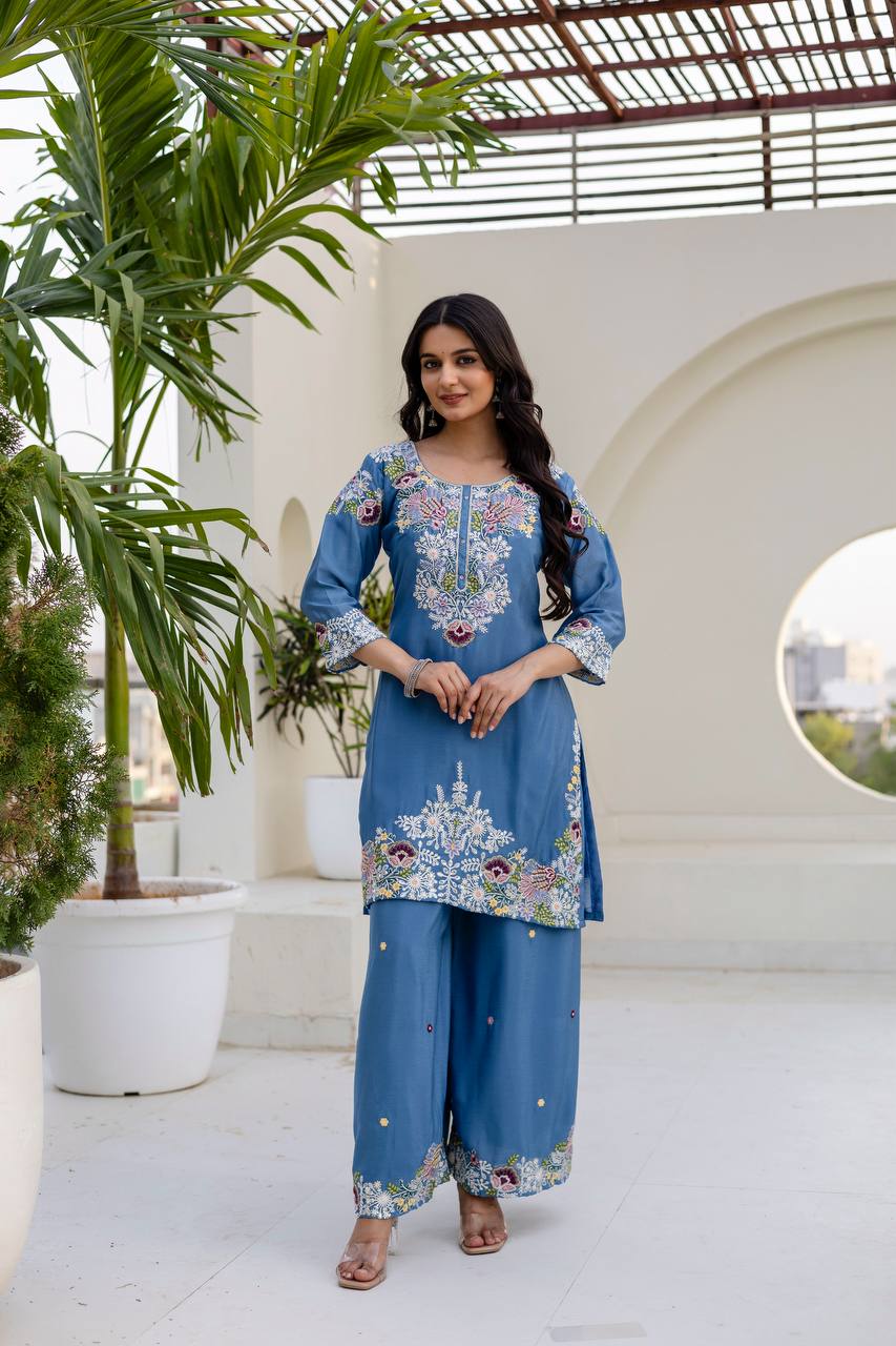 Sky Blue Chinon Embroidery Work With Zardosi Hand Work Kurti Set