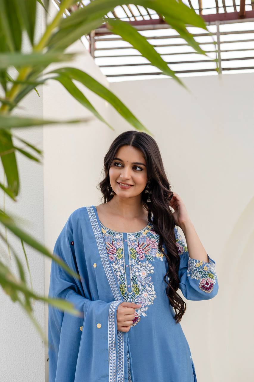 Sky Blue Chinon Embroidery Work With Zardosi Hand Work Kurti Set