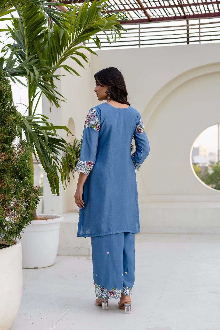 Sky Blue Chinon Embroidery Work With Zardosi Hand Work Kurti Set