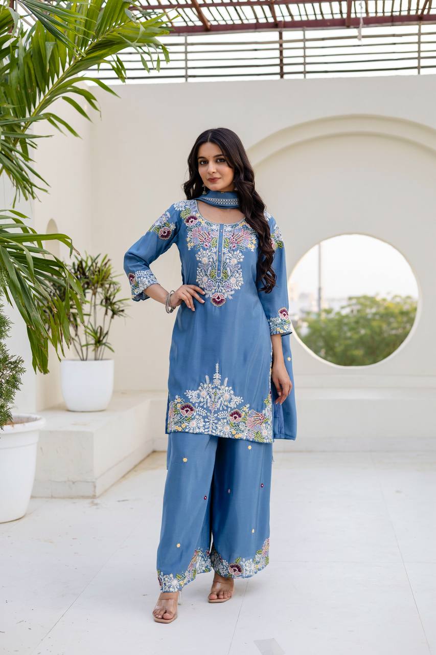 Sky Blue Chinon Embroidery Work With Zardosi Hand Work Kurti Set