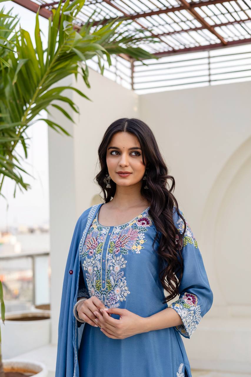 Sky Blue Chinon Embroidery Work With Zardosi Hand Work Kurti Set