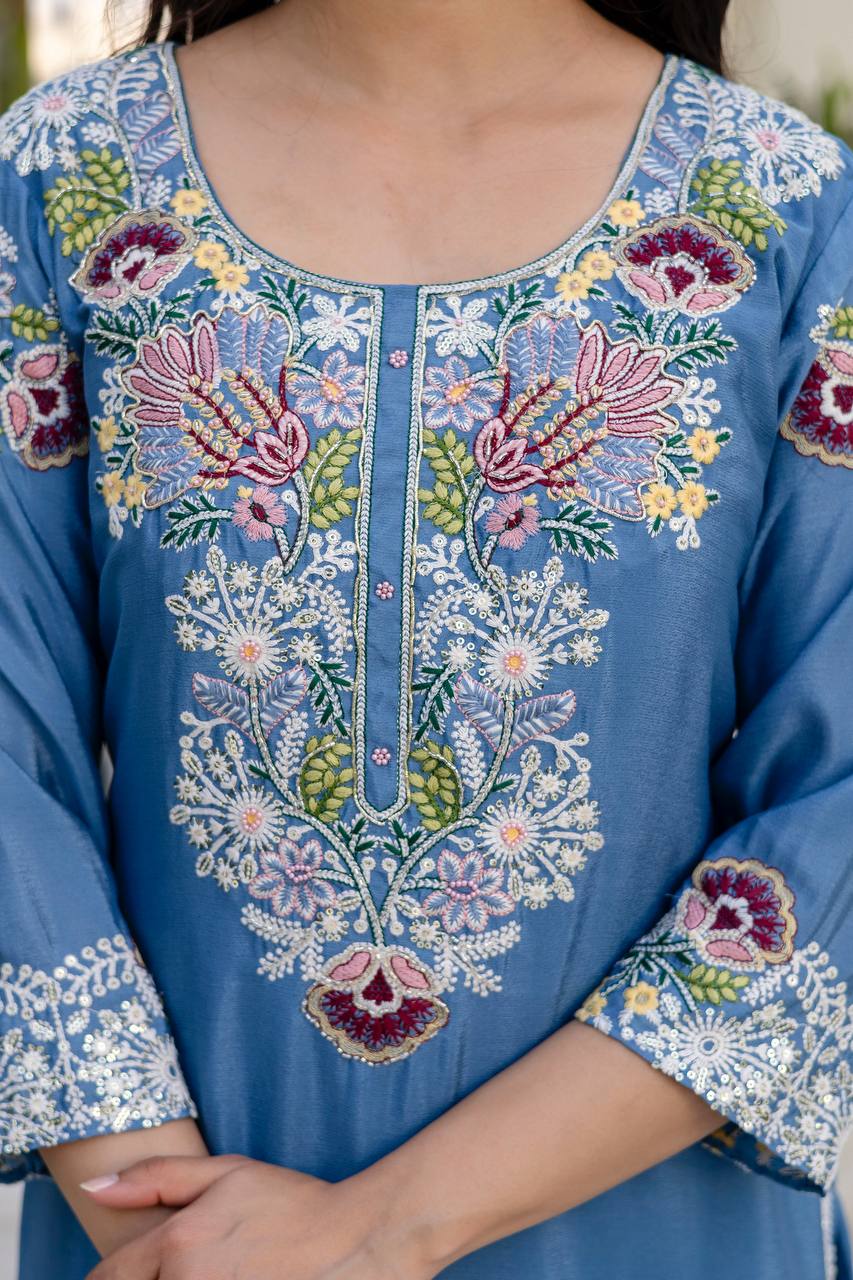 Sky Blue Chinon Embroidery Work With Zardosi Hand Work Kurti Set