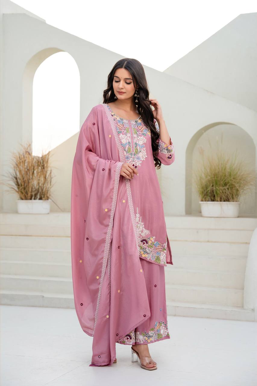 Pink Chinon Embroidery Work With Zardosi Hand Work Kurti Set